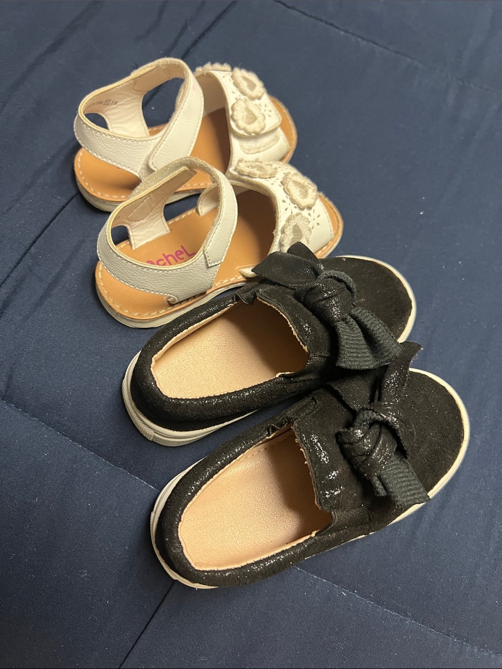 Girls Black Bow Slip-On Sneakers with Cream Heart Sandals -